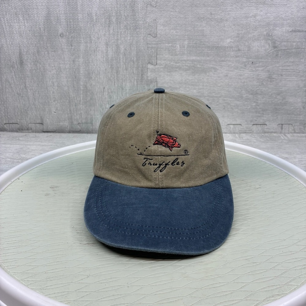 Vintage Saint Louis Truffles Hat Mens Tan Blue Cotton Pig Embroidered Strapback